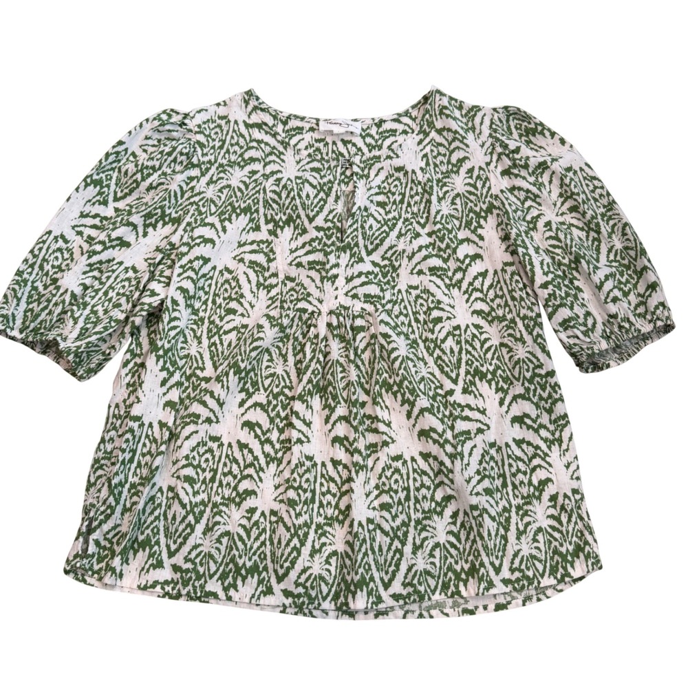 PANAMA JACK Women Palm Print Linen Blend Puff Sleeve Top Size L Boho Cottagecore